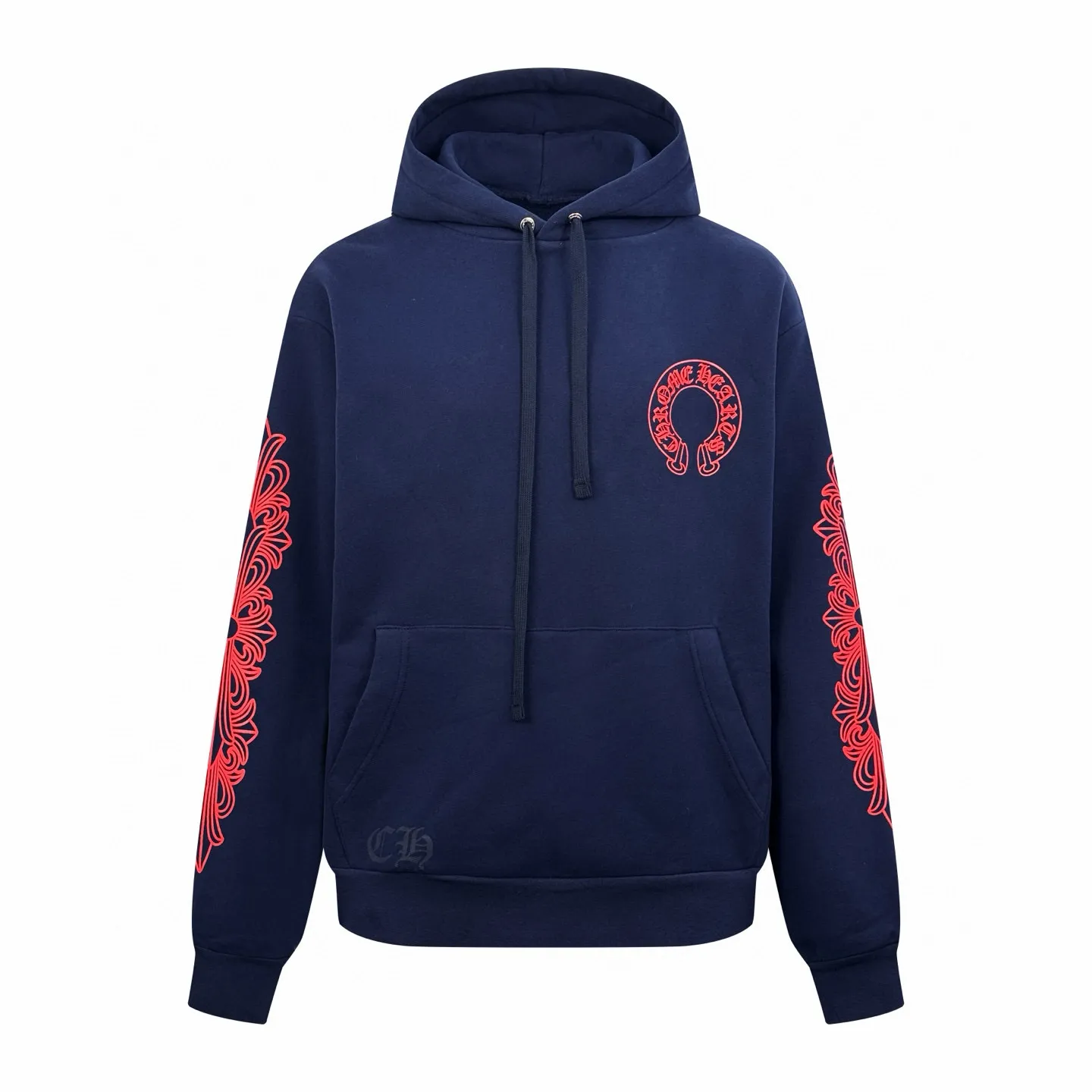 🅿️450 [Exclusive supply] CH Crow Heart Horseshoe Unicorn Arm Hooded Jacket (Blue) The fabric is made of Australian velvet satin technical cotton. It has excellent texture and is comfortable and close to the skin. A touch of midnight navy dip-dyeing, low-key elegance. Three forms of red horseshoe flowers are realistic. Like the trend of flame ink, it naturally blends on rice paper. Control the visual focus. From concrete totems to abstract light spots, whispering that I am the rock oracle of the rules. A rebellious ceremony about wearing and performing, using glue printing. The printing has been modified three times by the film screen. The glue liquid paint is used to print the pattern on the fabric. The fabric is baked to fix the printed pattern. The fabric has been washed. It has a better hand feel and texture. It is not easy to deform, not easy to shrink, not easy to fade, and maintains long-term beauty. Size:S-M-L-XL